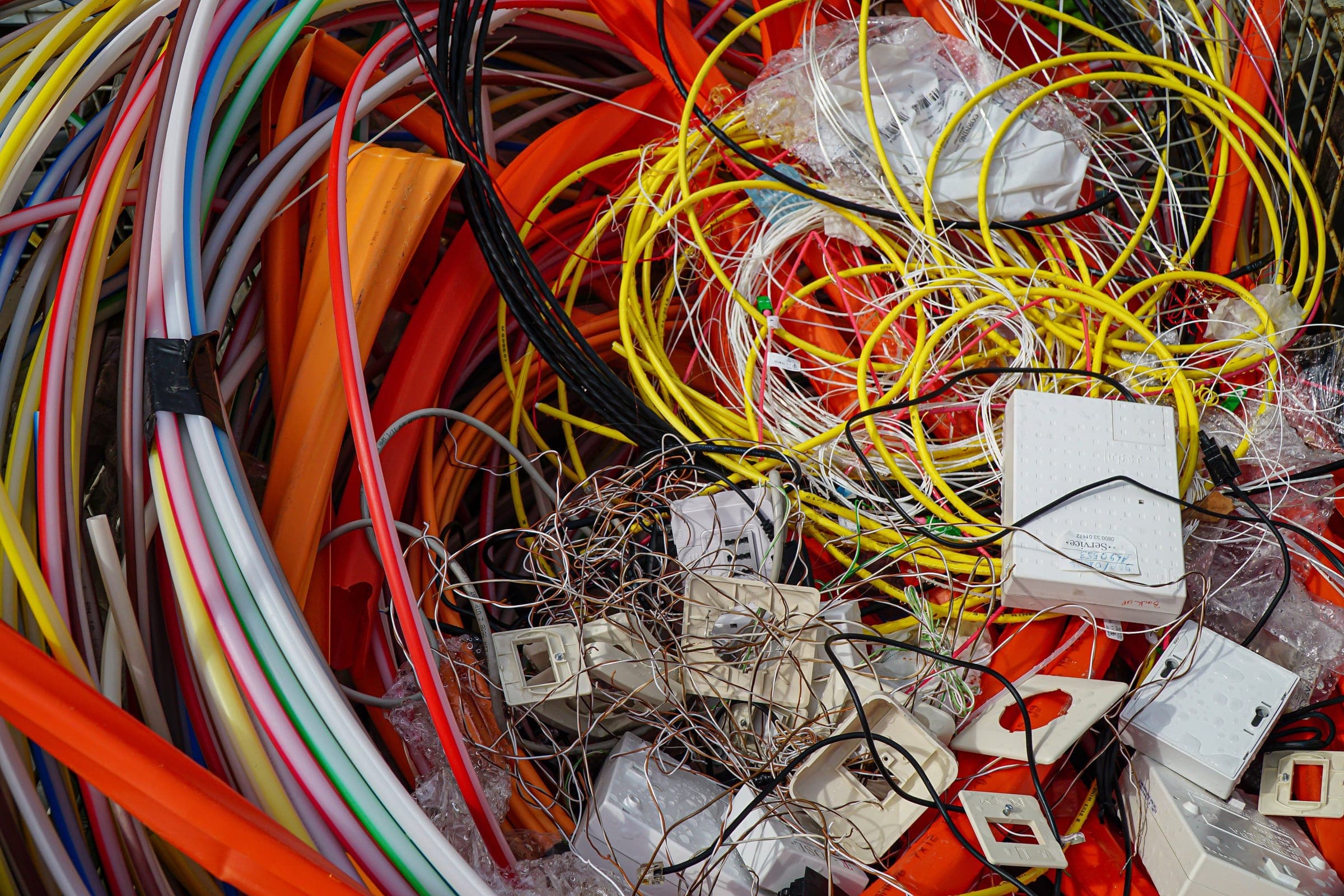Cables eléctricos de colores y accesorios revueltos, listos para separarse y reciclarse